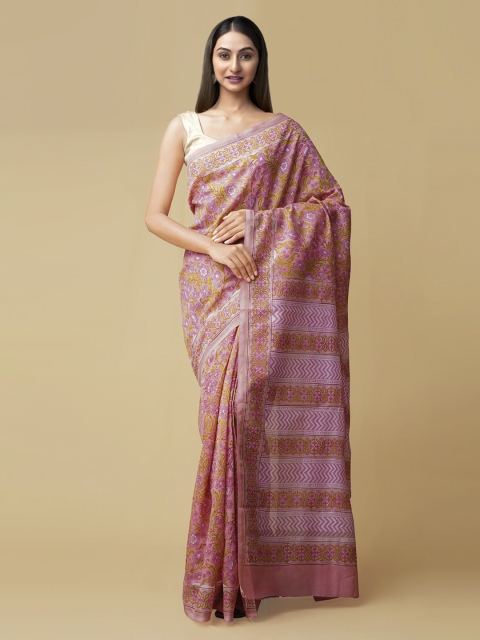 

Unnati Silks Pink Pure Cotton Printed Chanderi Saree