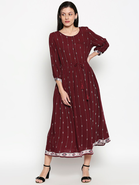

People Women Maroon Printed A-Line Dress