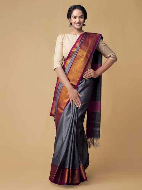 

Unnati Silks Grey Pure Cotton Solid Handloom Narayan Peth Saree