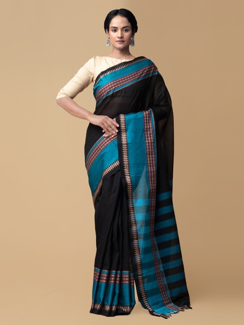 

Unnati Silks Black & Blue Pure Cotton Colourblocked Handloom Narayan Peth Saree