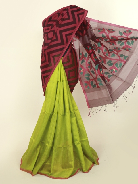 

Pothys Pink & Lime Green Silk Cotton Solid Saree