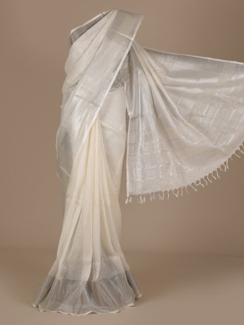 

Pothys White Solid Pure Linen Saree