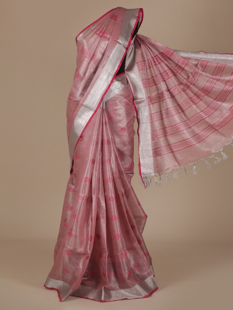

Pothys Pink & Silver-Toned Pure Linen Woven Design Saree