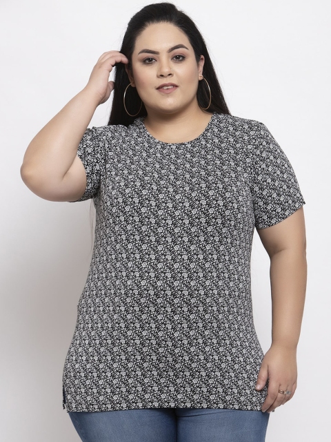 

plusS Women Black Printed Round Neck T-shirt