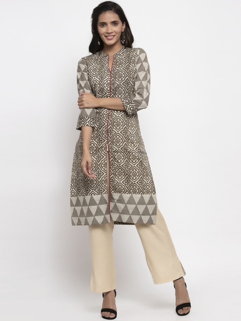 

Kiaasa Women Beige & Brown Printed A-Line Pure Cotton Kurta
