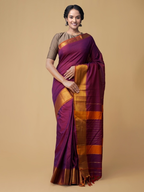 

Unnati Silks Purple Pure Cotton Solid Handloom Narayan Peth Saree