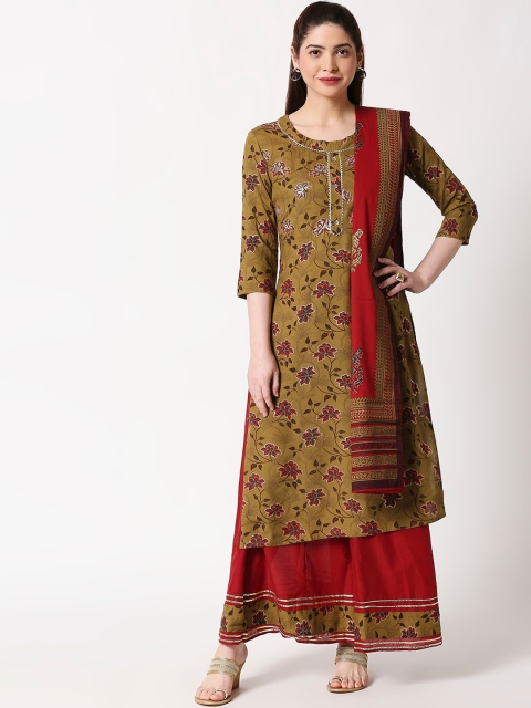 

ZRI Women Olive Green Printed Kurta with Skirt & Dupatta
