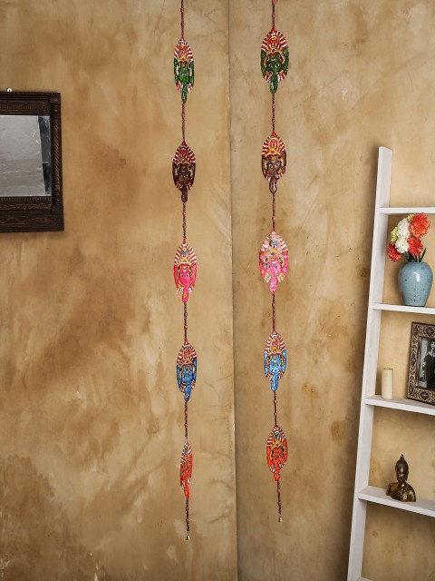 

Unravel India Set Of 2 Green & Pink Leather Puppetry Ganesh Door Hanging Windchimes