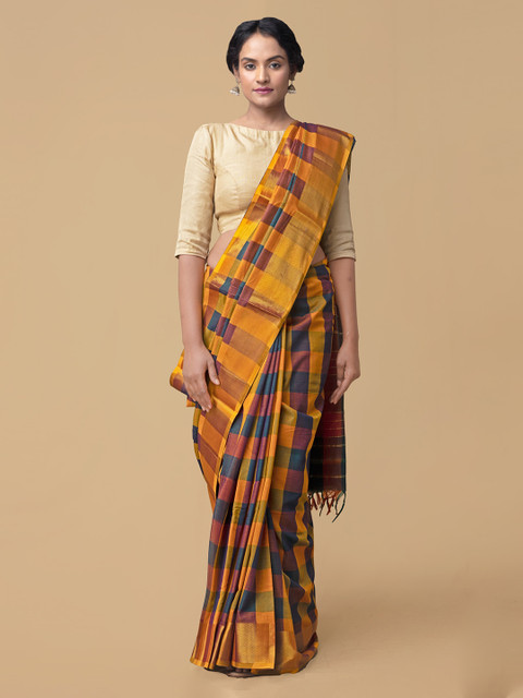 

Unnati Silks Multicoloured Pure Cotton Checked Handloom Narayan Peth Saree, Multi