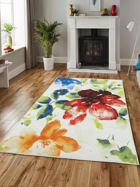 

OBSESSIONS White & Red Floral-Print Anti-Skid Vintage Carpet