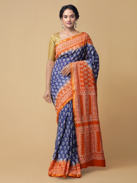 

Unnati Silks Blue & Orange Pure Cotton Printed Saree