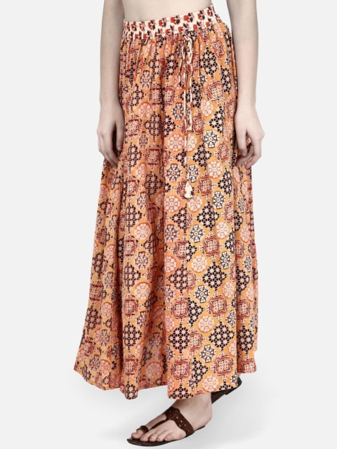 

Molcha Women Orange & Off-White Printed Ajrak Flared Maxi Pure Cotton Skirt