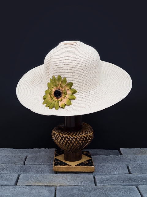 

Golden Peacock Women Off White Woven-Design Embellished Straw Sun Hat