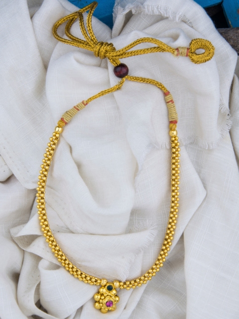 

Alankruthi Gold-Toned & Pink Beaded & Ruby Studded Thushi Traditional Necklace