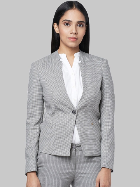 

Park Avenue Woman Grey & White Checked Single-Breasted Formal Blazer