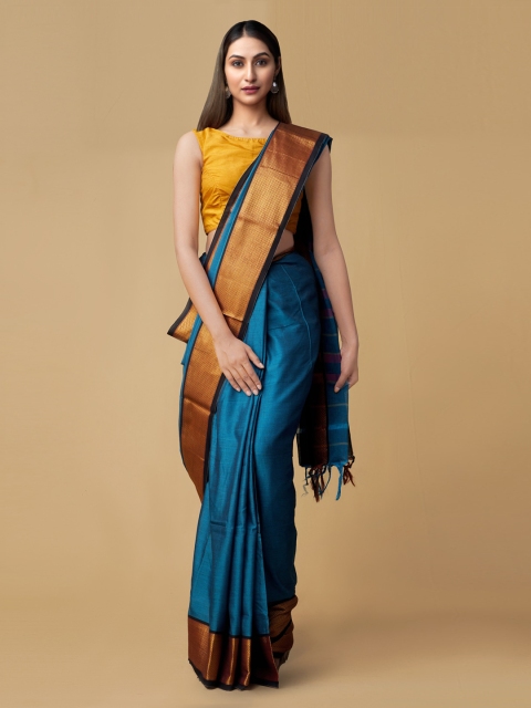 

Unnati Silks Blue Pure Cotton Solid Handloom Narayan Peth Saree