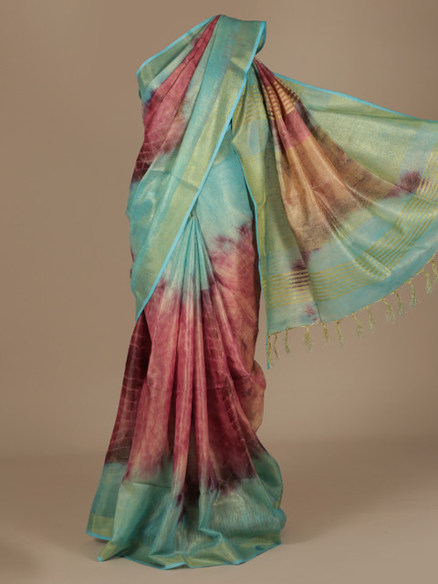 

Pothys Blue & Brown Pure Linen Colourblocked Saree