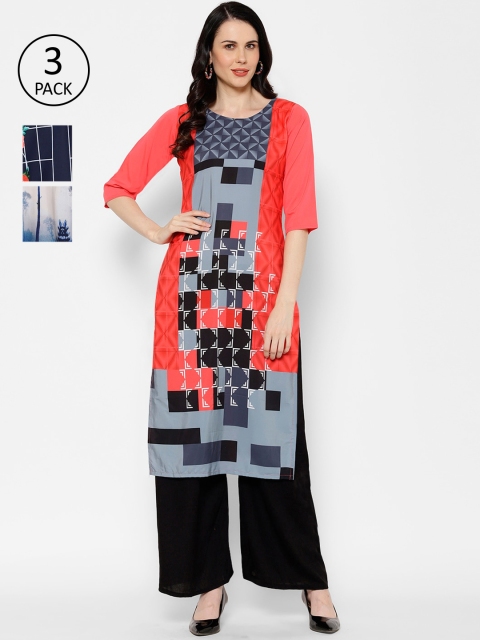 

7Threads Women Multicoloured Set of 3 Printed Straight Kurta, Multi