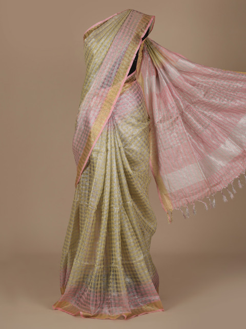 

Pothys Green & Pink Pure Linen Checked Saree