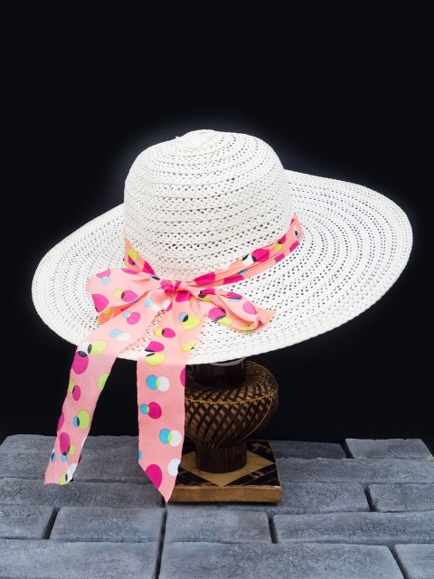 

Golden Peacock Women White Woven-Design Straw Sun Hat