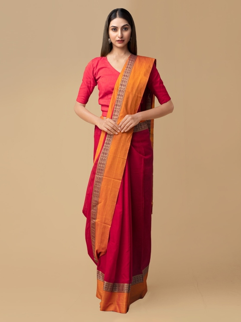 

Unnati Silks Red Pure Cotton Solid Handloom Narayan Peth Saree