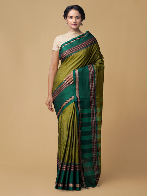 

Unnati Silks Green Pure Cotton Solid Handloom Narayan Peth Saree