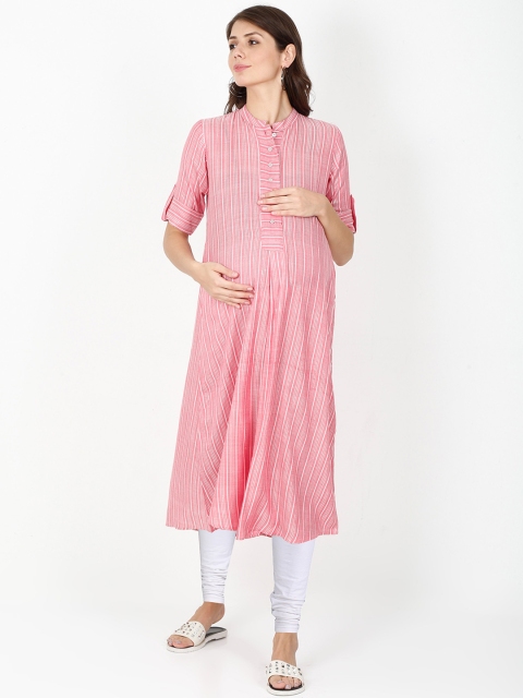 

The Mom Store Women Pink Striped A-Line Maternity Kurta