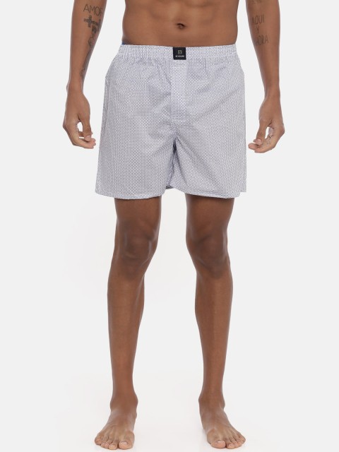 

IMYOUNG Men White & Blue Printed Pure Cotton Boxers IMYBXRPK107A