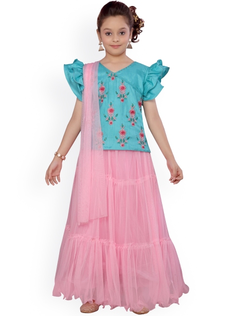 

Aarika Girls Turquoise Blue & Pink Embroidered Lehenga Choli With Dupatta