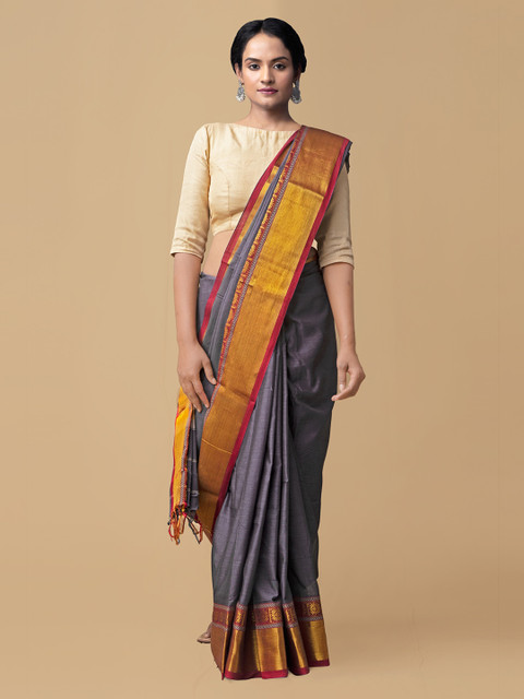 

Unnati Silks Grey Pure Cotton Solid Handloom Narayan Peth Saree