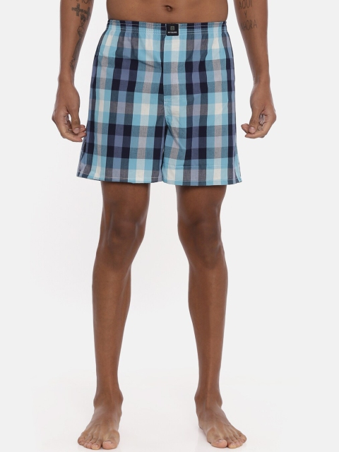 

IMYOUNG Men Blue & Grey Checked Pure Cotton Boxers IMYBXRPK137A