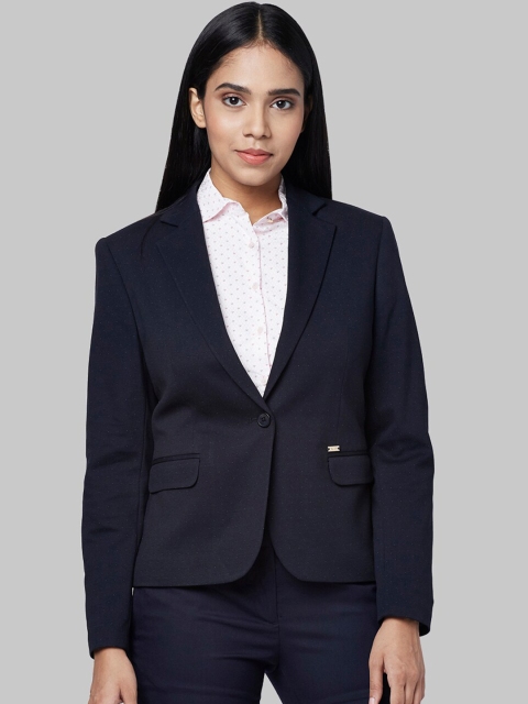 Park Avenue Woman Navy Blue & White Printed Single-Breasted Formal Blazer