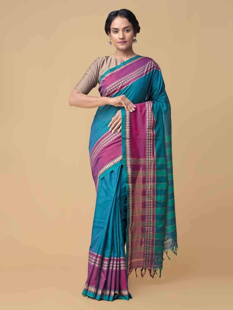 

Unnati Silks Blue Pure Cotton Solid Handloom Narayan Peth Saree