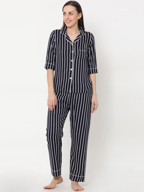 

Sweet Dreams Women Navy Blue & White Striped Night Suit