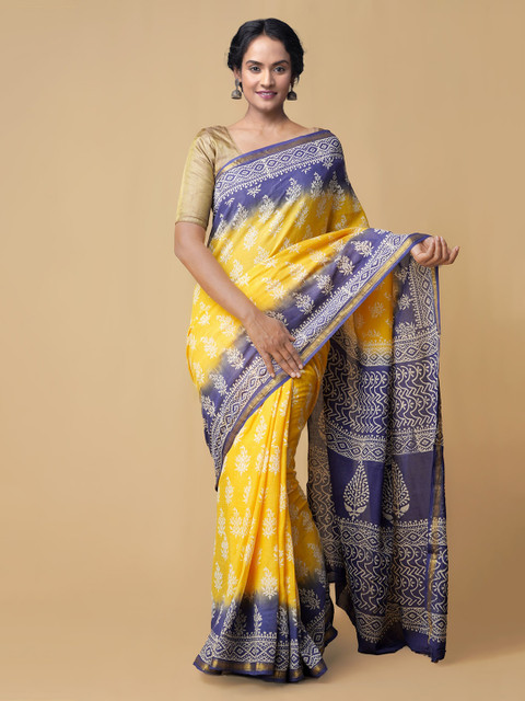 

Unnati Silks Yellow & Blue Pure Cotton Printed Saree