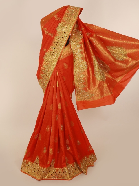 

Pothys Orange & Gold-Toned Pure Silk Woven Design Saree