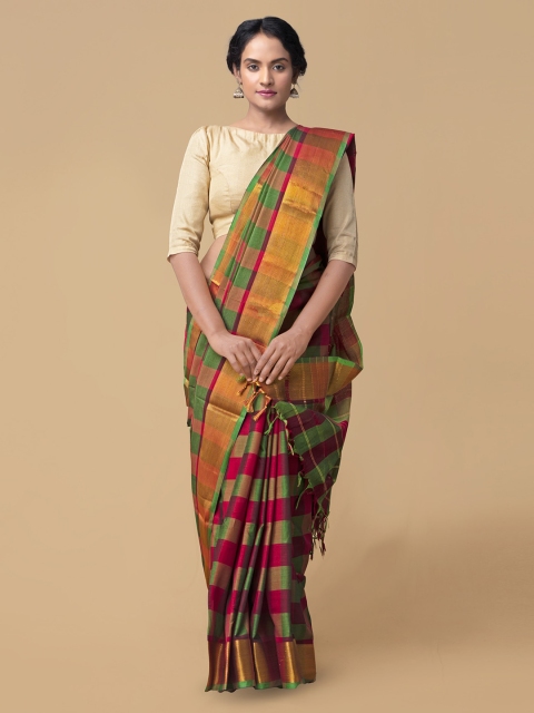 

Unnati Silks Multicoloured Pure Cotton Checked Handloom Narayan Peth Saree, Multi