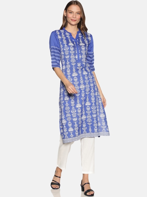 

Instafab Women Blue & White Printed Kurta with Trousers