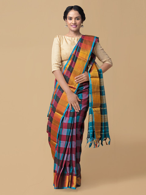 

Unnati Silks Multicoloured Pure Cotton Checked Handloom Narayan Peth Saree, Multi