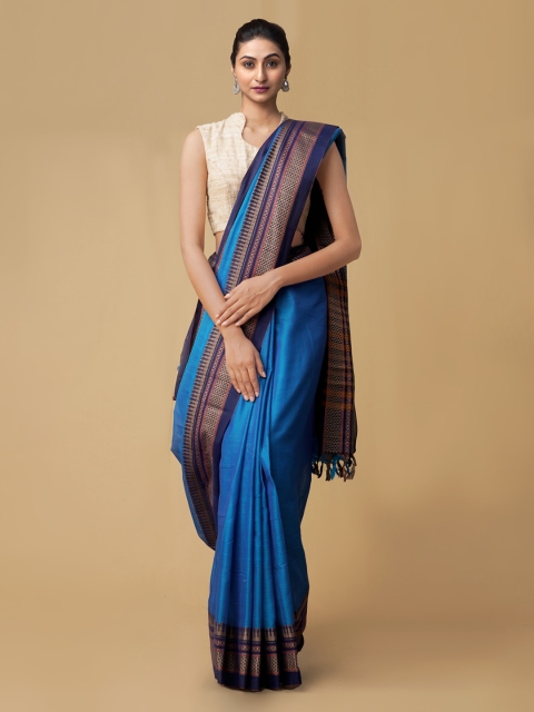 

Unnati Silks Blue Pure Cotton Solid Handloom Narayan Peth Saree