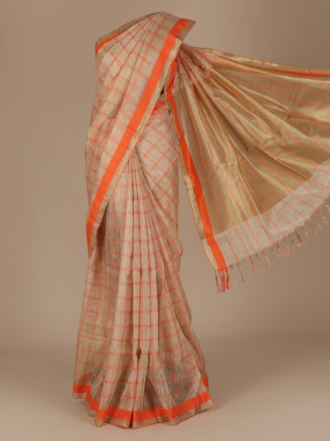 

Pothys Cream-Coloured & Orange Pure Linen Checked Saree