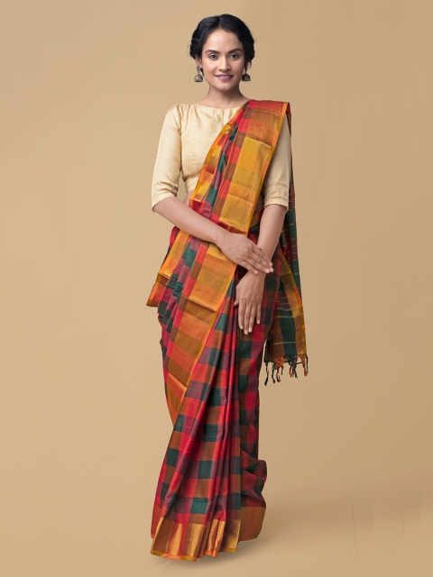 

Unnati Silks Multicoloured Pure Cotton Checked Handloom Narayan Peth Saree, Multi