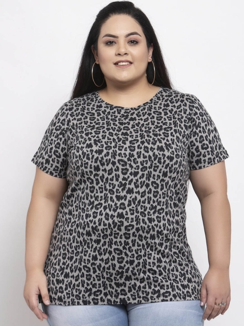 

plusS Women Grey Printed Mandarin Collar T-shirt