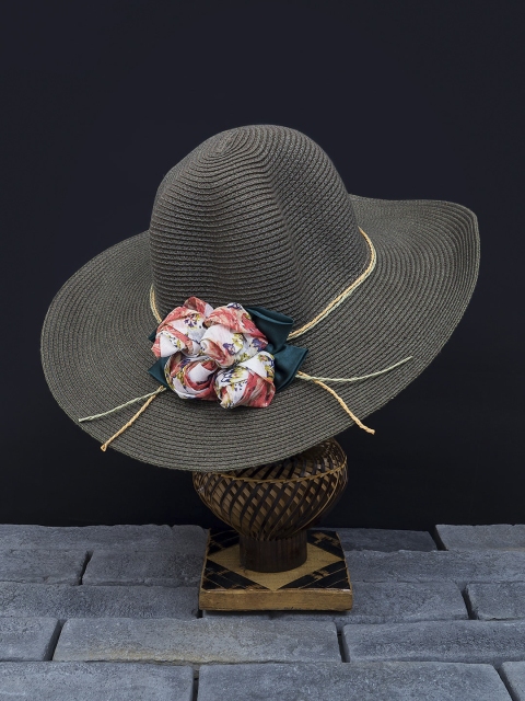 

Golden Peacock Women Olive Green Woven-Design Embellished Straw Sun Hat
