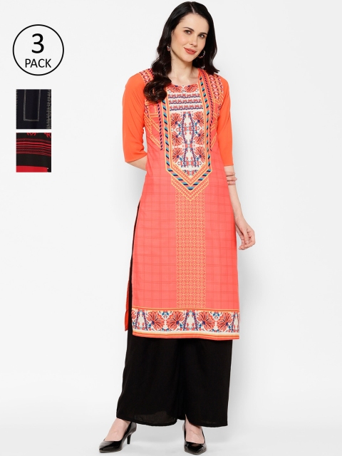 7Threads Women Multicoloured Set of 3 Printed Straight Kurta, Multi