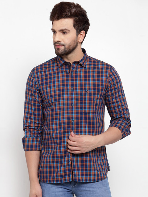 

Cantabil Men Orange & Navy Blue Slim Fit Checked Casual Shirt