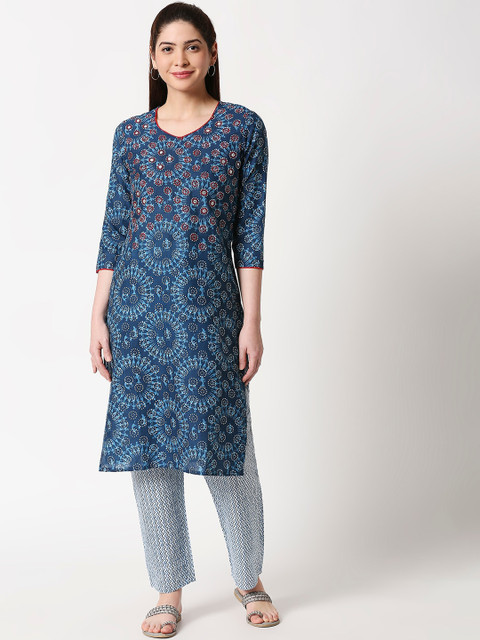 

ZRI Women Blue Printed Kurta with Trousers