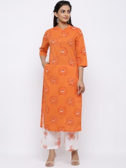 

Indi INSIDE Women Orange Printed Straight Kurta
