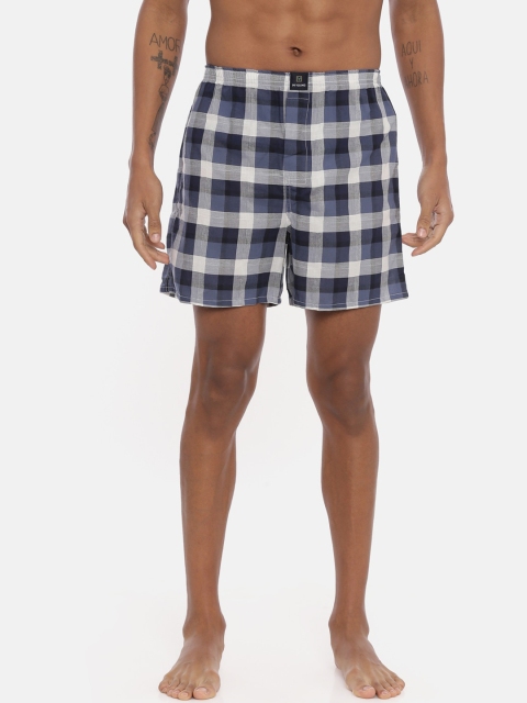 

IMYOUNG Men Blue & White Checked Pure Cotton Boxers IMYBXRPK134A