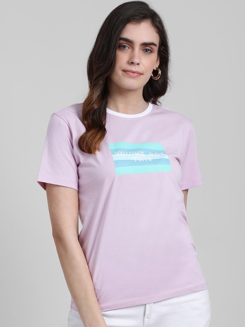 

Zink London Women Lavender Printed Round Neck Pure Cotton T-shirt